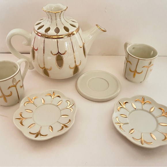 Partylite Tea for Two Votive Candle Teapot Teacup Saucer Set Ivory Gold 6 Pieces - Picture 6 of 14